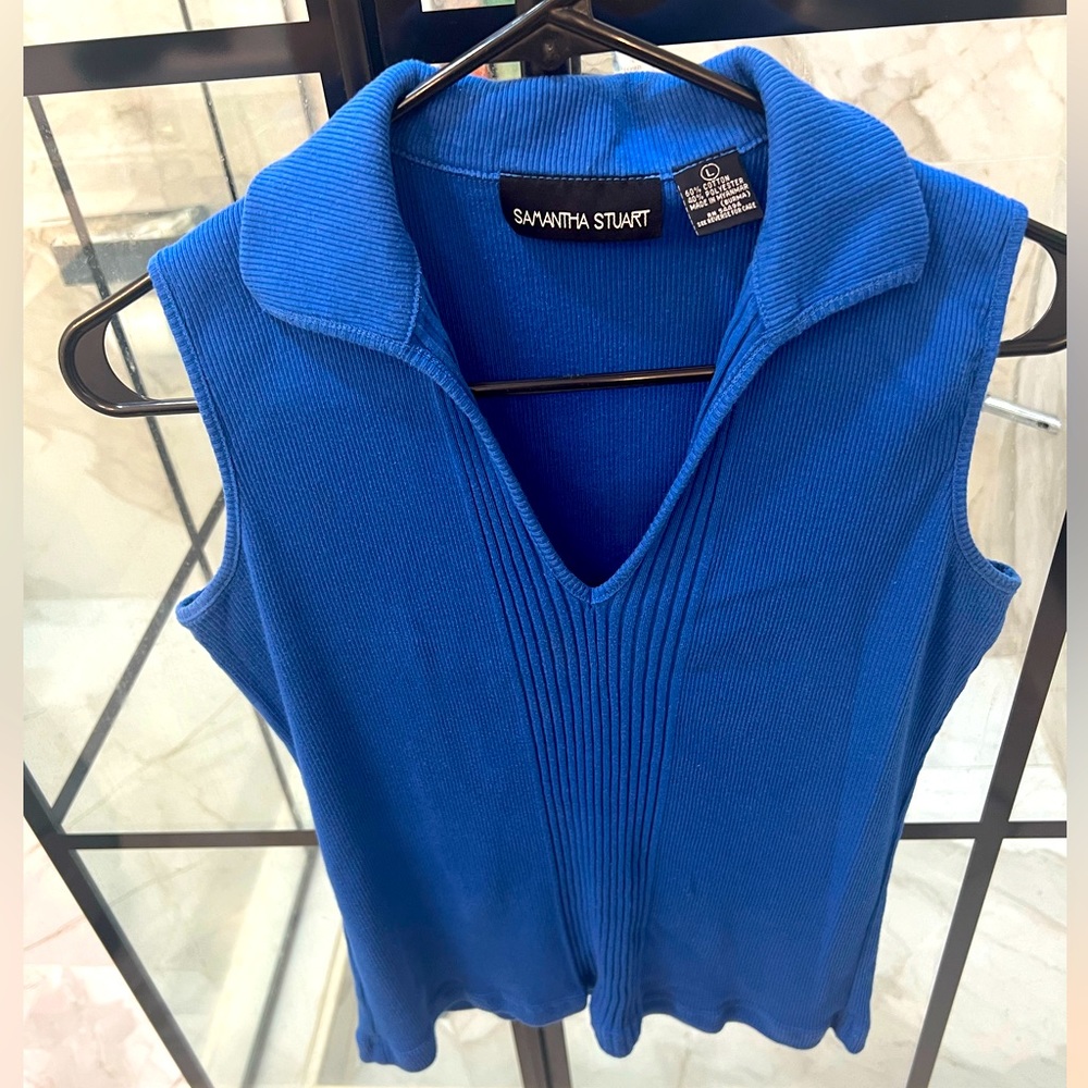 SAMANTHA STUART Sleeveless Collared V-Neck Ribbed Sweater Top - Blue Size Large